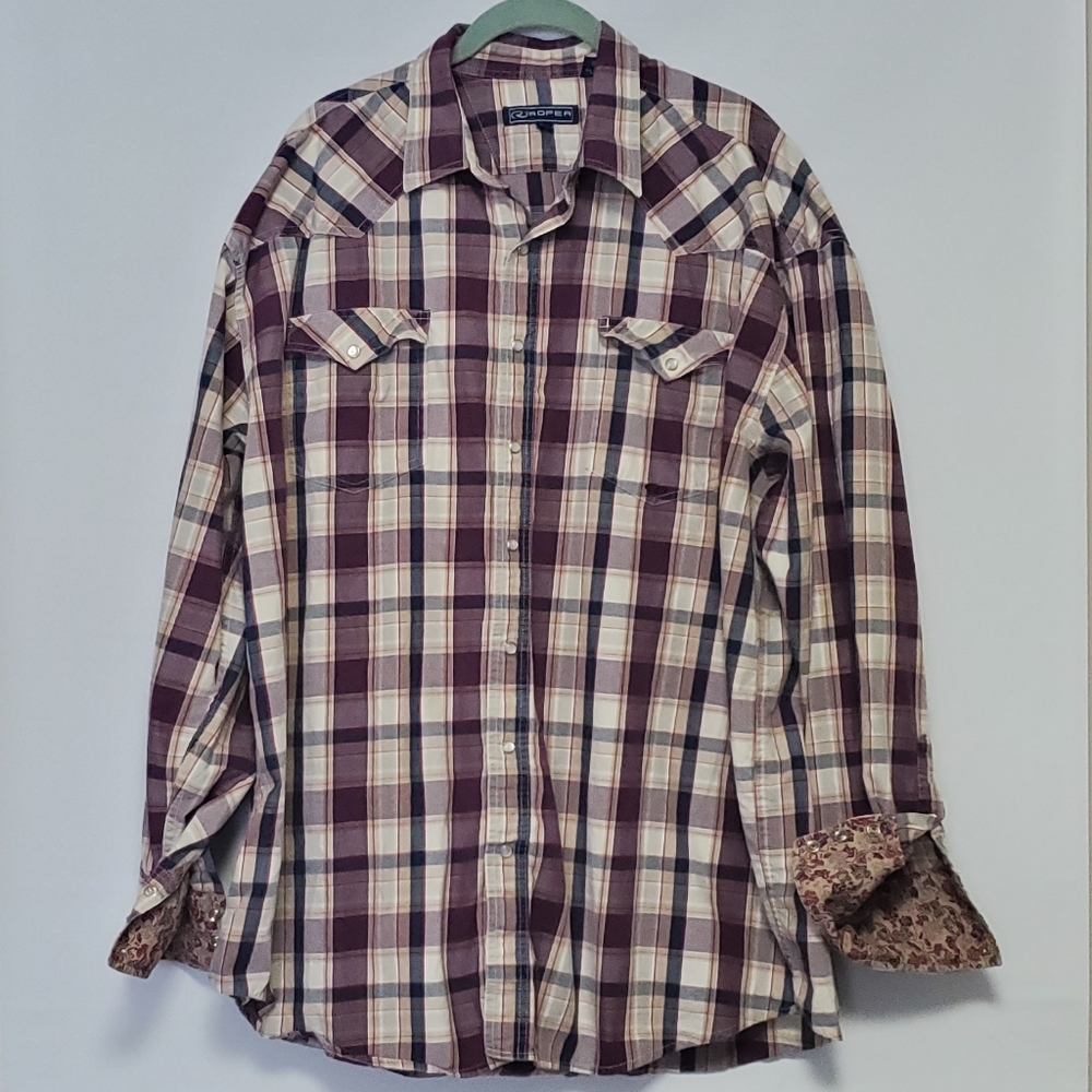 ROPER long sleeve western button-up shirt with pearl snap buttons 2XL Cowboy